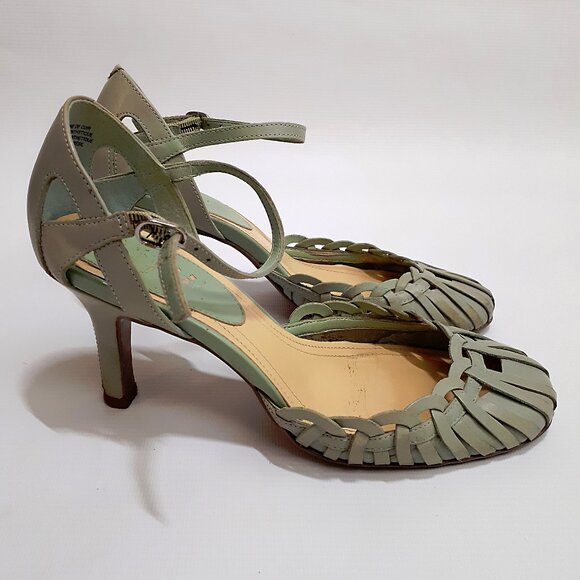 NINE WEST Lattice Weave Heeled Sandals with Ankle Strap in Mint Green Leahter - Picture 4 of 12